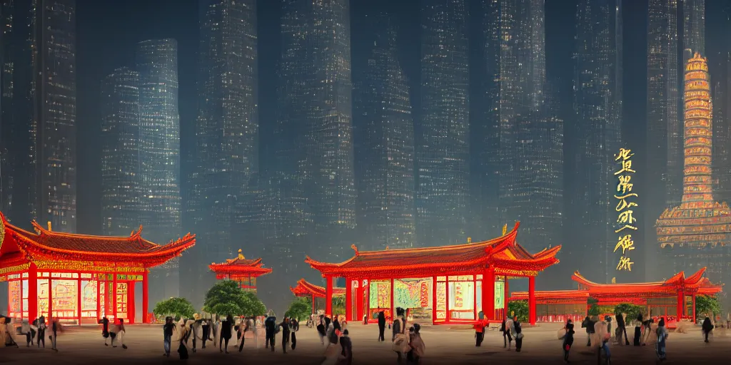 Prompt: a very high resolution image from a new movie, brightly lit chinese pavilion and building in front of many towering skyscrapers, kongming lanterns in the sky, in the night, fantasy, low angle, wideshot, photorealistic, photography, directed by wes anderson, octane render sci - fi, engine room, highly detailed