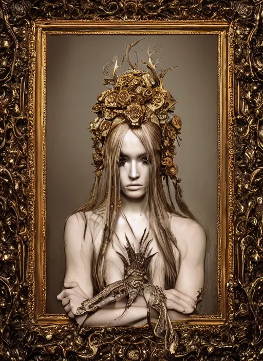 Prompt: a portrait of female by stefan geselle and nekro borja, photorealistic, intricate details, hyper realistic, fantasy, elegant, baroque gold headpiece, photorealistic, canon r 3, photography, wide shot, symmetrical features, wide angle shot, head to toe, standing pose, feet on the ground, wearable art