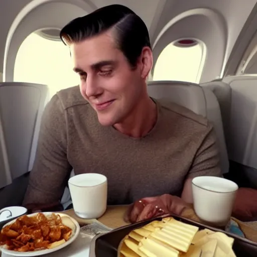 Image similar to a tall attractive man with slicked back brown hair eating cheese on an airplane