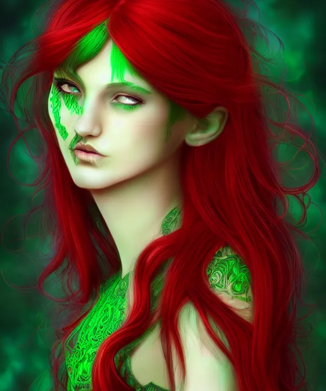 Image similar to Fae teenage girl, portrait, face, long red hair, green highlights, fantasy, intricate, elegant, highly detailed