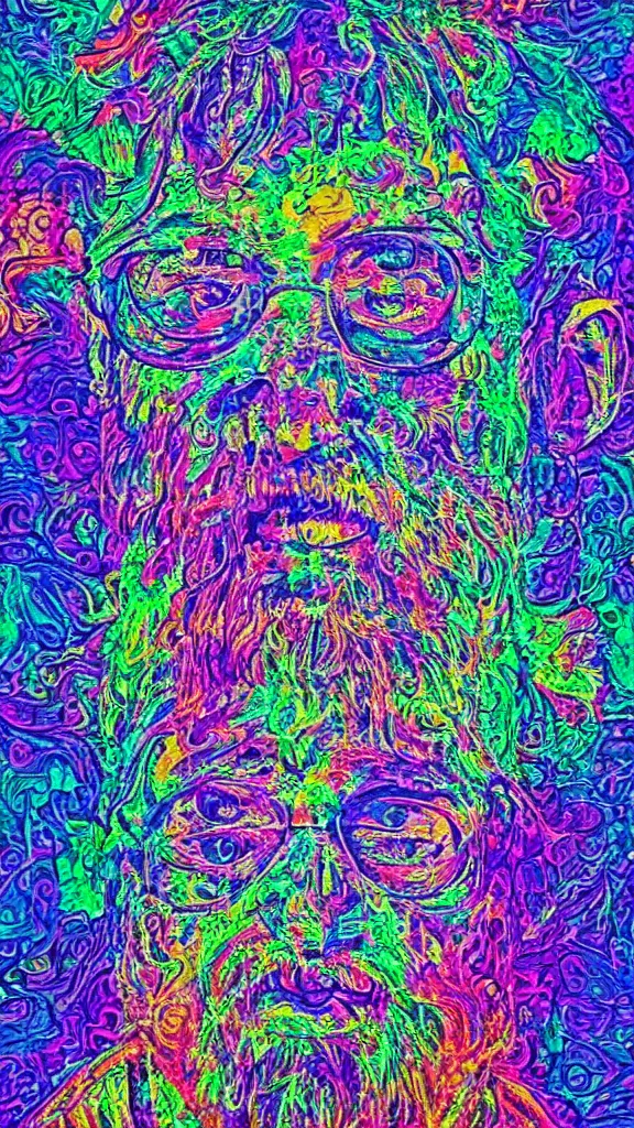 Image similar to terrance mckenna protrait with mushrooms fractals and fog, vivid psychadelic colorful