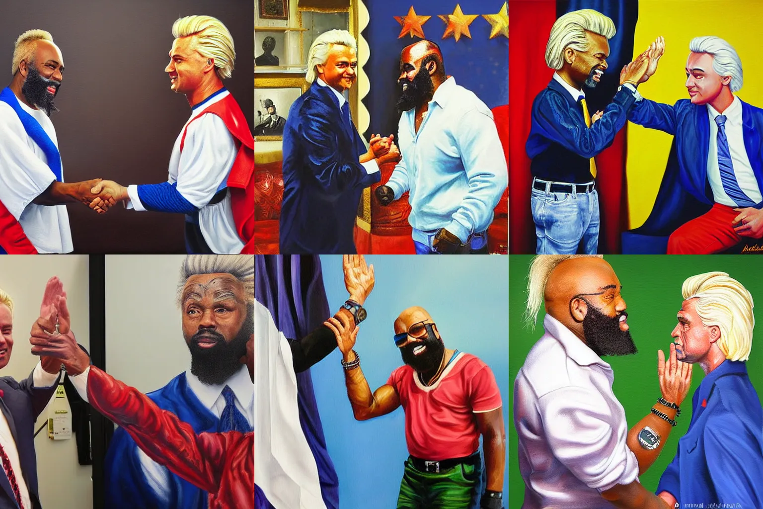 Prompt: geert wilders high fiving mr. t hyper - realistic painting by alexander mandradjiev