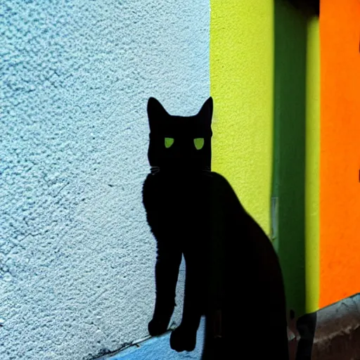 Image similar to medium - shot of a blurry cat silhouette at the wall in the street, colours, polaroid photo