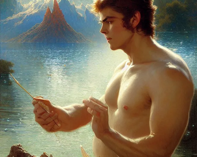 Image similar to attractive male wizard casting powerful tsunami wave water spell in a beautiful lake. highly detailed painting by gaston bussiere, craig mullins, j. c. leyendecker 8 k