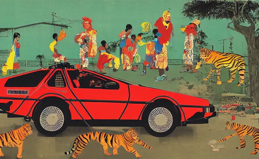 Image similar to a red delorean and a yellow tiger in ajegunle slum of lagos - nigeria, painting by hsiao - ron cheng, utagawa kunisada & salvador dali, magazine collage style,