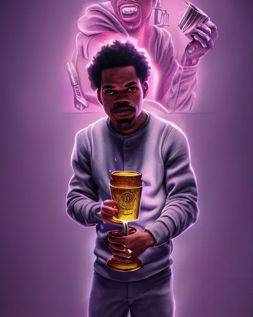 Image similar to chance the rapper holding cup of codeine, accurate details, detailed face, holy liquid in cup glowing, fantasy, dramatic, intricate, elegant, highly detailed, digital painting, artstation, concept art, smooth, sharp focus, illustration, art by Gustave Dore, octane render