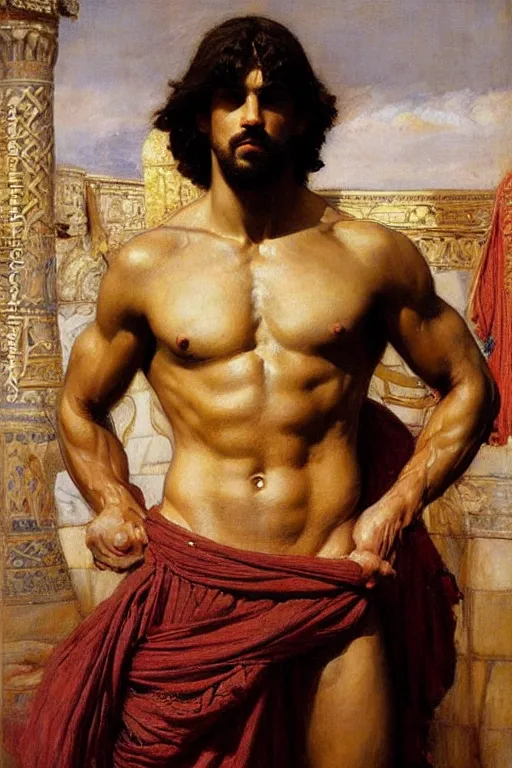 Image similar to muscular greek king, orientalist intricate portrait by john william waterhouse and edwin longsden long and theodore ralli and nasreddine dinet, hyper realism, dramatic lighting