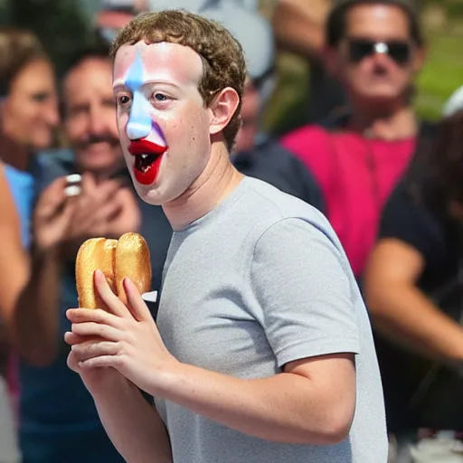 Prompt: mark zuckerberg wearing a clown wig and eating an hot dog, professional photo-n 3