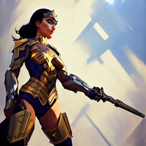 Image similar to greg manchess portrait painting of armored wonderwoman as overwatch character, medium shot, asymmetrical, profile picture, organic painting, sunny day, matte painting, bold shapes, hard edges, street art, trending on artstation, by huang guangjian and gil elvgren and sachin teng