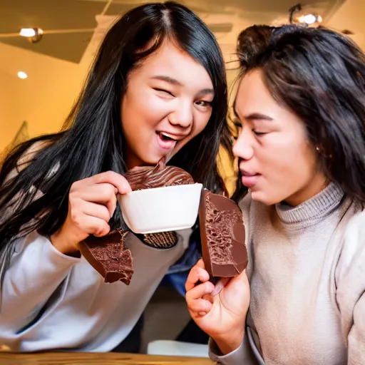 Image similar to two young women fighting over a cup of chocolate pudding, 4k, 35mm