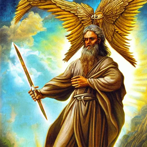 Image similar to an awe inspiring photo of a biblically accurate seraphim, holding a giant, rotatingz flaming sword, guarding the entrance to garden of eden.