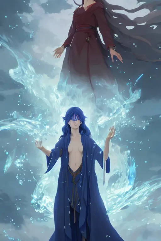 Image similar to elvish female sorcerer doing water magic spells, blue robes, red hair, finely detailed perfect face, exquisite details, mid view, design on a white background, by studio muti, greg rutkowski makoto shinkai takashi takeuchi studio ghibli