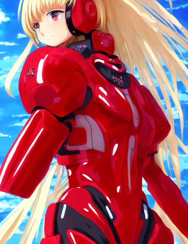 Image similar to an anime portrait of a blonde girl in a red mech suit, trending on artstation, digital art, 4 k resolution, detailed, high quality, sharp focus, hq artwork, coherent, insane detail