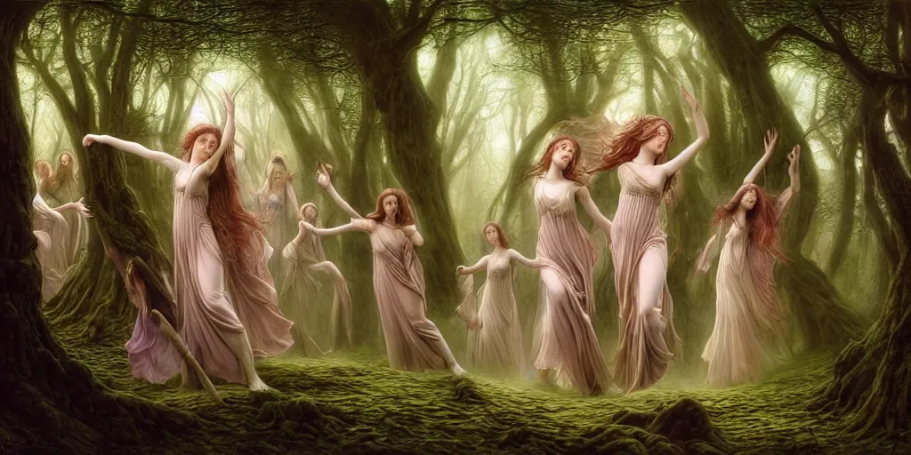 Prompt: masterpiece ephemeral elven girls dancing in the woods, composition by anastasiya dobrovolskaya, donato giancola, karol bak, tom bagshaw, face by artgerm and edmund leighton, background by zdzisław beksinski, majestic, volumetric lighting, porcelain skin, photorealistic, intricate, trending on artstation 8 k