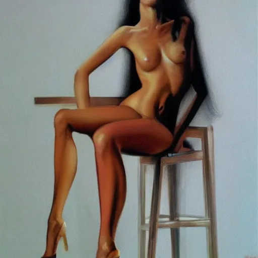 Prompt: artstation a woman seductively posing on a stool, by Boris Vallejo, very detailed, , portrait, backlit