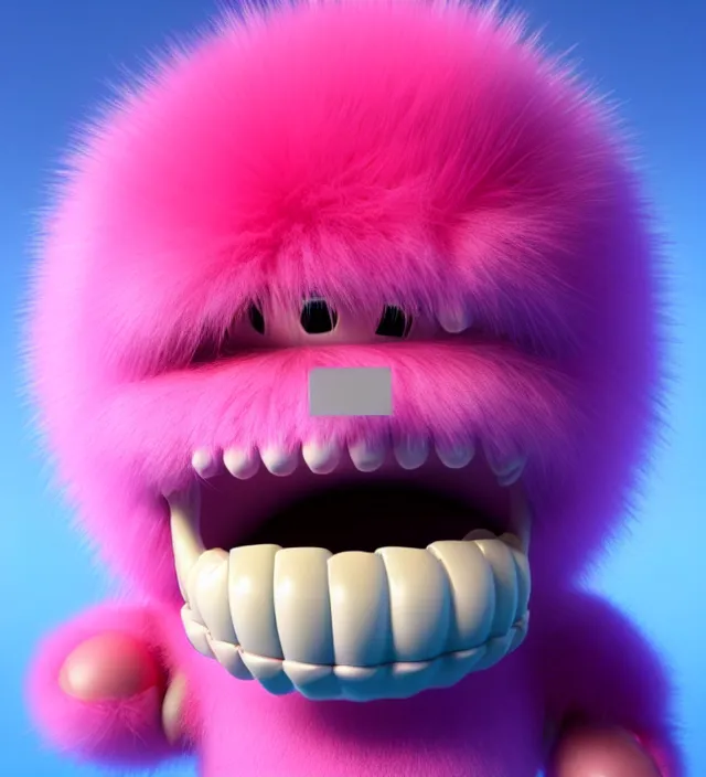 Prompt: high quality 3 d render hyperrealistic very cute big pink little spherical creature with big happy mouth an tooth, plush mascot, short spiky dense fluffy smooth hair, isometric 3 d, pink fluffy fur, 1 5 0 mm, beautiful natural soft light, rim light, smooth background, artstation, ultra detailed, elegant, ultra detailed, metallic armor, octane render