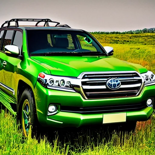 Prompt: green toyota landcruiser sitting on green grass 4x4 SUV with neon spaceship flying