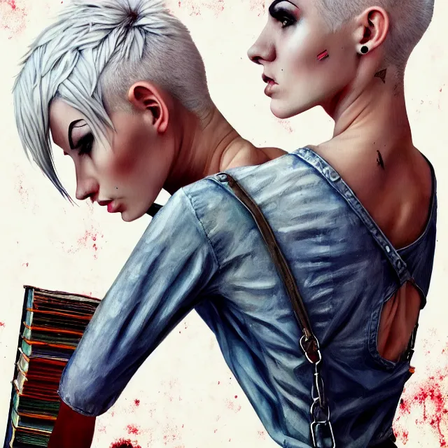 Image similar to full body pose, beautiful adult woman, short white hair shaved sides, dirty, grungy, grunge, long sleeve, painted overalls, stacks of giant books, highly detailed, 4 k, hdr, smooth, sharp focus, high resolution, award - winning photo, artgerm, photorealistic