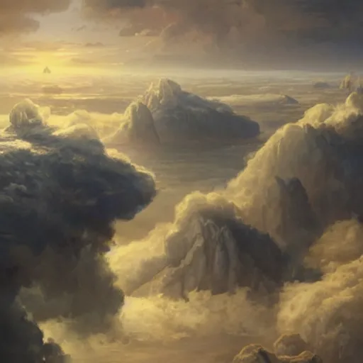 Prompt: islands in an ocean of clouds populated by an ancient civilization, oil painting, by greg rutkowski