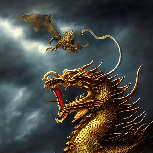 Image similar to Golden chinese dragon with black eyes flying among dark clouds, sunrays, high contrast, stephen Hickman and marc simonetti