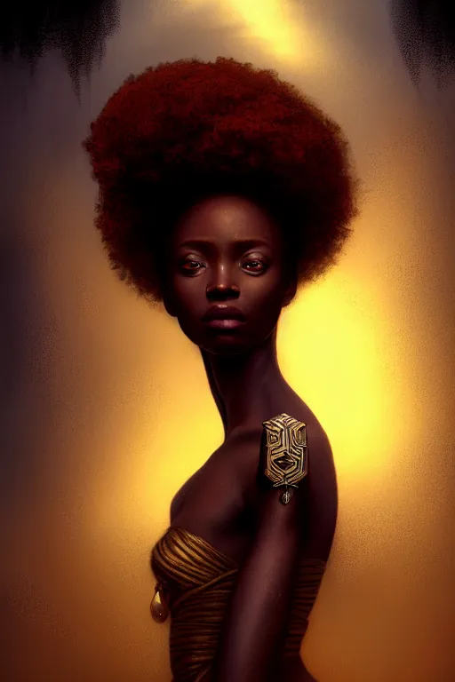 Image similar to A beautiful African Goddess with long flowing ginger hair on a ledge od deep abyss fantasy, intricate, elegant, highly detailed, D&D, digital painting, artstation, concept art, matte painting, sharp focus, illustration, extremely moody lighting, glowing light and shadow, atmospheric, shadowy, cinematic, in the style of Greg Rutkowski and artemisia gentileschi and Alphonse Mucha