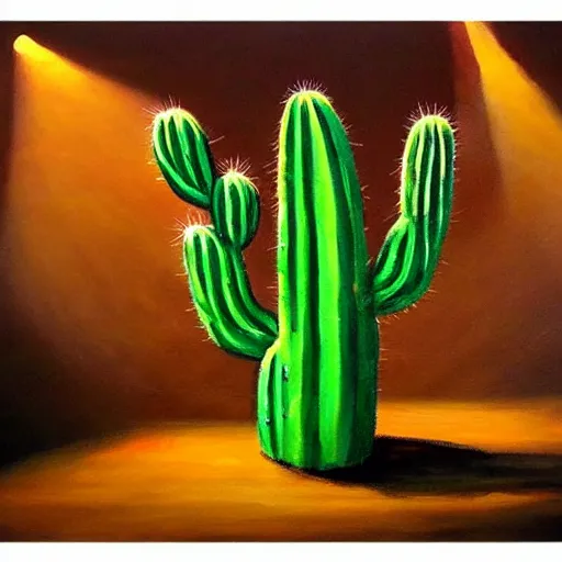 Image similar to a painting of a cactus playing a guitar on stage in the spotlight in a smoky night club