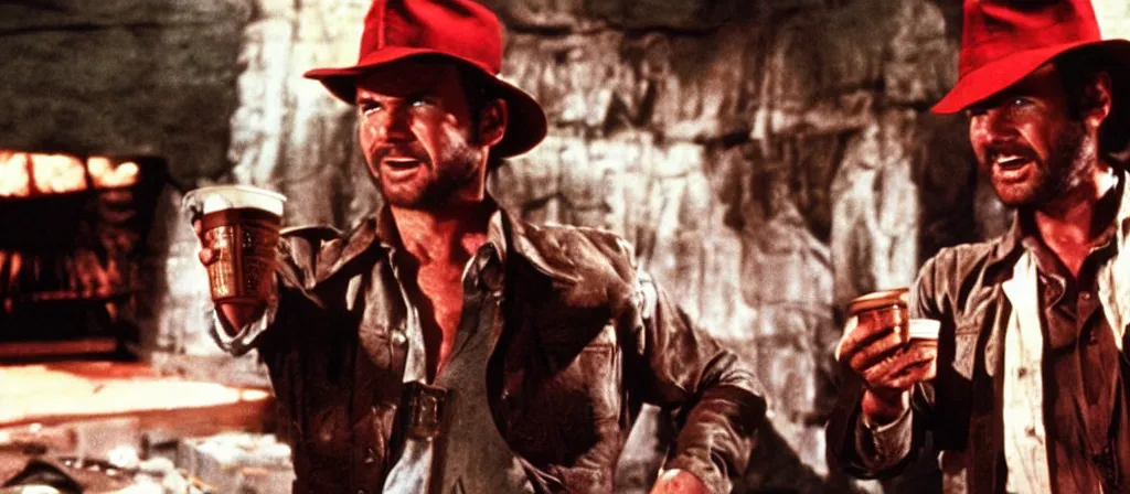 Prompt: Indiana jones stealing a red solo cup from Raiders of the Lost Ark (1981)