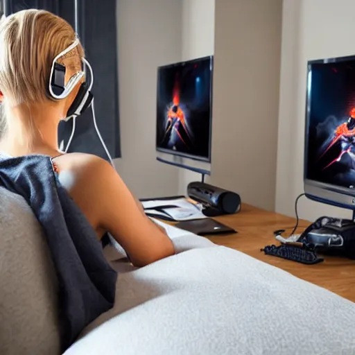 Image similar to view from behind from bed of a cute beautiful blonde woman wearing headset watching dual - monitors displaying call of duty and twitch, intricate detail, cinematic composition