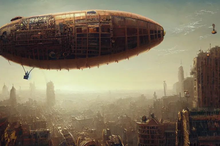 Image similar to a pig-blimp, steampunk, digital art, extremely detailed, flying over a city, greg rutkowski, cinematic