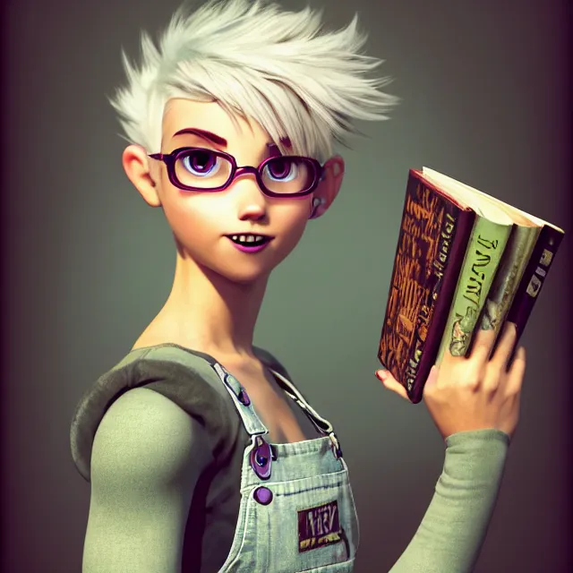 Image similar to full body pose, beautiful adult fairy, pixar, short white hair shaved sides, dirty, grungy, grunge, long sleeve, painted overalls, stacks of giant books, highly detailed, 4 k, hdr, smooth, sharp focus, high resolution, award - winning photo, artgerm, photorealistic