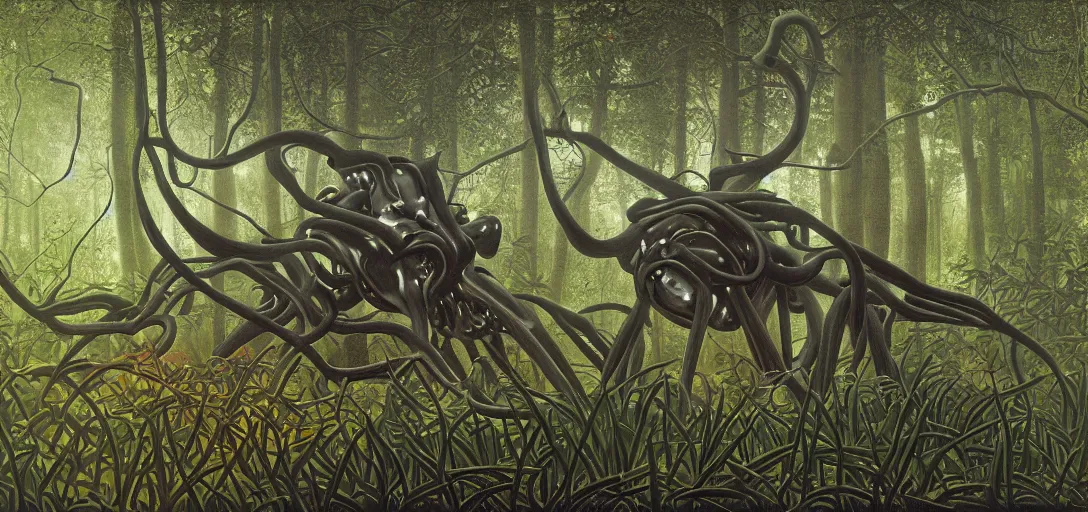 Image similar to portrait of a posed hyper detailed complex plowhorn evangelion realistic mechanical and bioluminescent organic creature in a dark deep forest at dawn in spring, with reflection and textures, by henri rousseau, substance painter reaslitic mech surface metal painted scratches