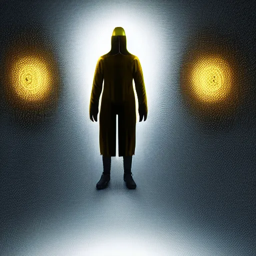 Image similar to award - winning. trending on artstation. 4 k. eerie tone. a figure wearing a layered yellow coat standing in front of a fractal representation of a glowing black hole in space. dark background. full - body. medieval. 4 k.