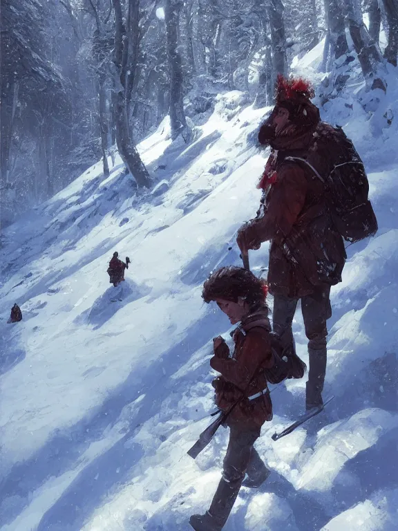 Image similar to an ultradetailed beautiful portrait painting of an explorer marching in the snowy mountains, side view, oil painting, high resolution, by ilya kuvshinov, greg rutkowski and makoto shinkai