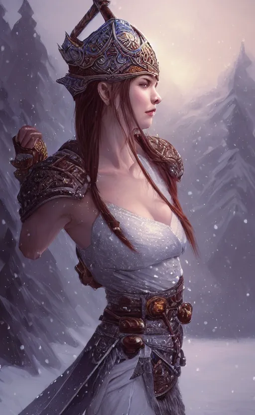 Image similar to azure viking warrior, regal, elegant, winter, snow, beautiful, stunning, hd, illustration, epic, d & d, fantasy, intricate, elegant, highly detailed, wide angle, digital painting, artstation, concept art, smooth, sharp focus, illustration, wallpaper, art by artgerm and greg rutkowski and alphonse mucha and jin xiaodi