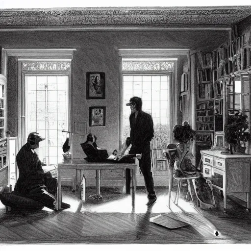 Image similar to A beautiful drawing of a man and a woman sitting in a room. The woman is reading a book while the man is writing at a desk. The light from the window illuminates the room and the couple. The couple is surrounded by a few items in the room, including a globe and a few potted plants. fluorescent orange by Albert Lynch, by Shinji Aramaki, by Quint Buchholz distorted, rigorous