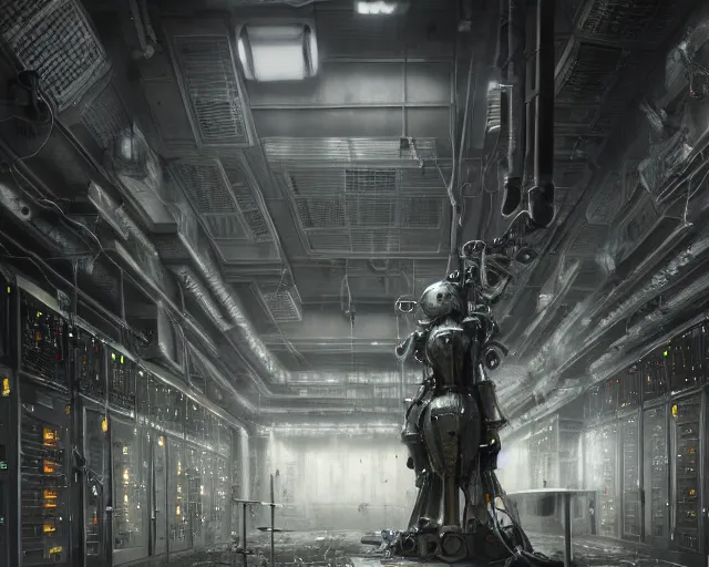 Image similar to gloomy ruined server room in datacenter robot figure automata headless robot knight colossus welder posing pacing fixing soldering mono sharp focus, emitting diodes, smoke, artillery, sparks, racks, system unit, motherboard, by pascal blanche rutkowski repin artstation hyperrealism painting concept art of detailed character design matte painting, 4 k resolution blade runner