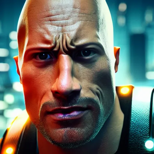 Image similar to dwayne johnson half - robot face, cyberpunk 2 0 7 7, photorealistic, ultra detailed, neon, octane, bokeh, cinematic lighting, cyber, cyberpunk city, studio quality, feature, scars, cyberface, 8 k