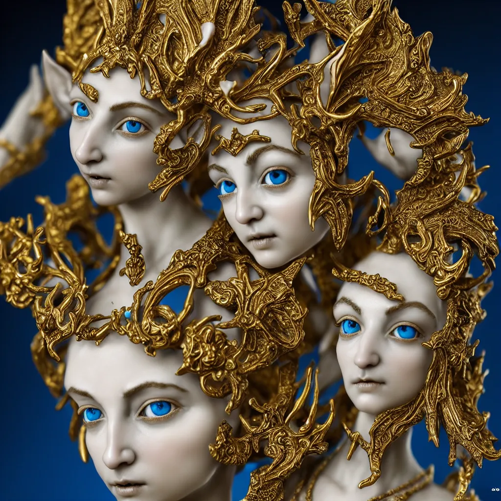 Image similar to a closeup photo - real delicate ceramic porcelain sculpture of an ornate detailed elf in front of an intricate background by rafael, micro detail, backlit lighting, subsurface scattering, translucent, thin porcelain, octane renderer, black and blue and gold jewelry, physically based rendering, trending on cgsociety