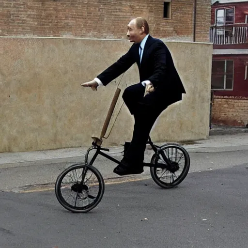 Image similar to Vladimir putin in drag riding a unicycle through a battlefield, banksy