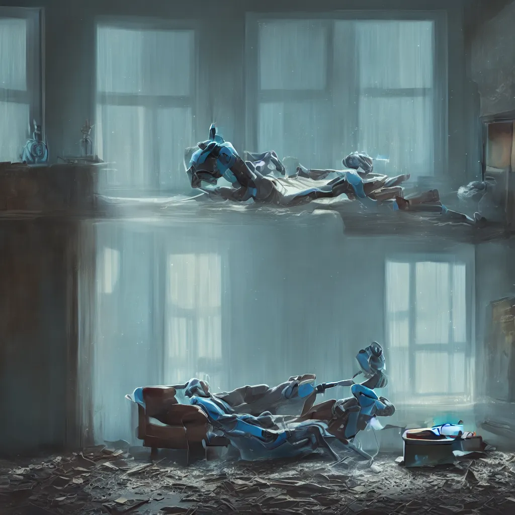Image similar to intimate photograph of one single lone solitary cerulean and brown decaying futuristic robot lying on a frayed fainting couch in front of a beautiful fireplace with a cozy fire, in a dusty Victorian home, soft morning light seeping in a window, with cinematic lighting and lens flare, tall ceiling, octane render, cgsociety, by Simon Stalenhag and Rouhollah Toghyani and Sylvian Boussiron and Alfonso Cuaron, highly detailed closeup portrait, award-winning highly detailed 8k anamorphic closeup tight cinematic movie photograph