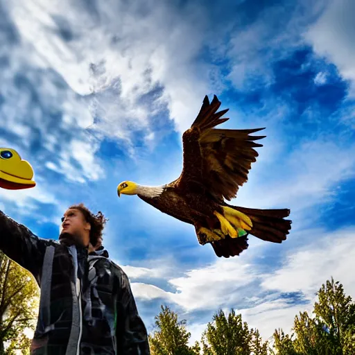 Image similar to cinematic photo of a giant eagle snatching away the oregon duck mascot with its talons, camera is looking up at the subject in the sky with fancy clouds behind