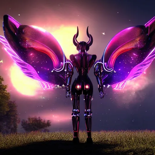 Image similar to the most beautiful cosmic android robot female devil, long glowing horns, huge wispsy wings, devil wings, into the cosmic sun, photo pic by unreal engine