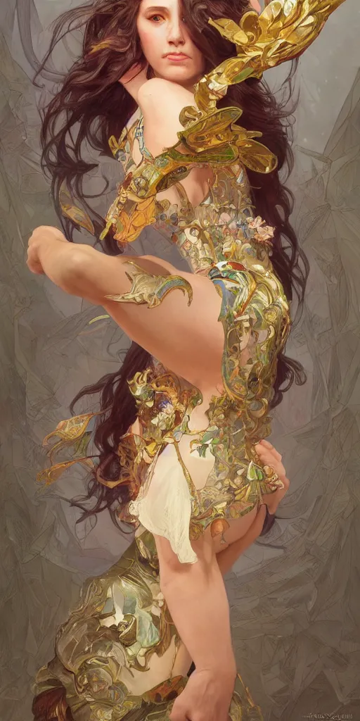 Image similar to portrait of tragedy, expressive pose, acrobatic, rainbow eyes, ornate frilly dress, fantasy, intricate, elegant, highly detailed, digital painting, artstation, concept art, smooth, sharp focus, illustration, art by artgerm and greg rutkowski and alphonse mucha, octane render