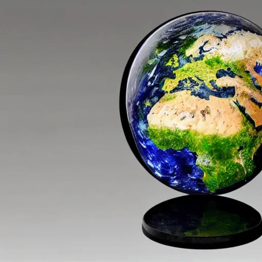 Prompt: photograph of a miniature planet earth on a circular stone display