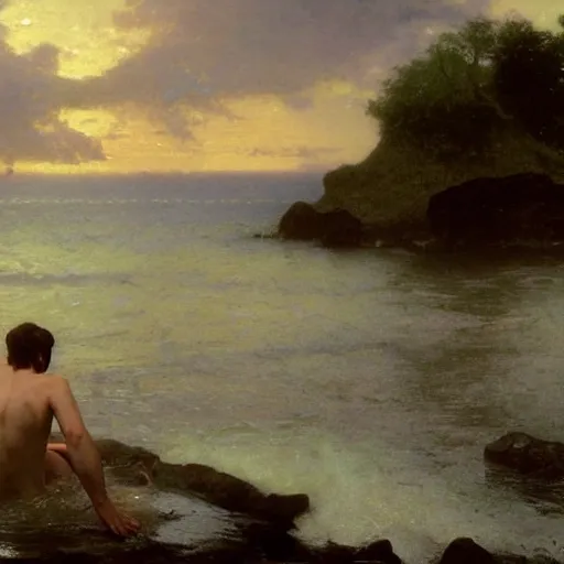 Prompt: young irish man swimming in the sea at dawn, soft light, eerie serene photograph by annie leibowitz, thomas kinkade, bouguereau -