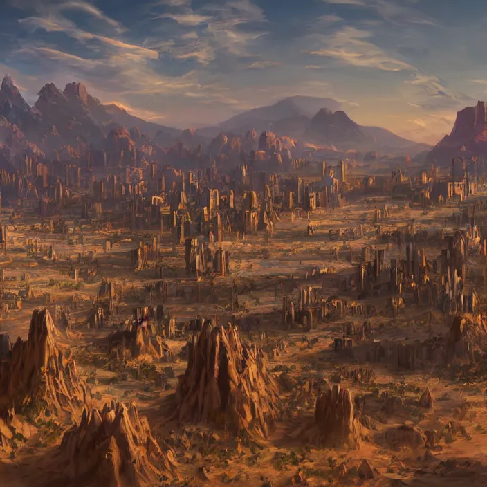 Image similar to large densely packed western style city in the middle of a sandy flat desert with a single mountain on the very distant horizon. magic the gathering art, digital media