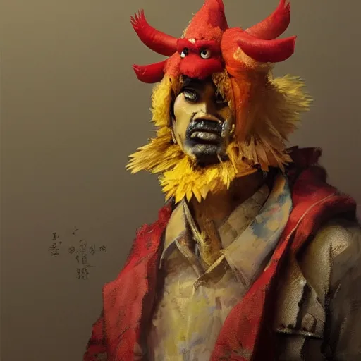 Prompt: scary portrait of an asian man dressed as a chicken, the chicken man, man dressed as a chicken, highly detailed painting by craig mullins, 8 k, man dressed as a chicken