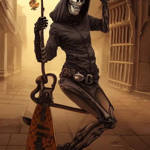 Prompt: a sad skeleton woman, wearing a baggy hoody, ridding a skateboard, historical, intricate, highly detailed, dynamic lighting, digital art, digital painting, artstation, wlop, sharp focus, illustration, art by artgerm and greg rutkowski and alphonse mucha