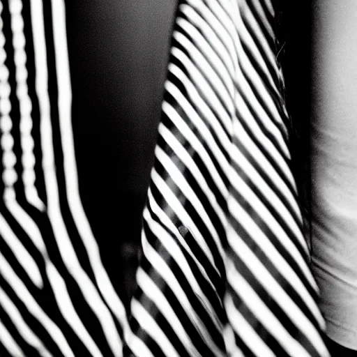 Image similar to black and white photography of a face and hands pushing outward from behind a high contrast black and white striped thin sheet