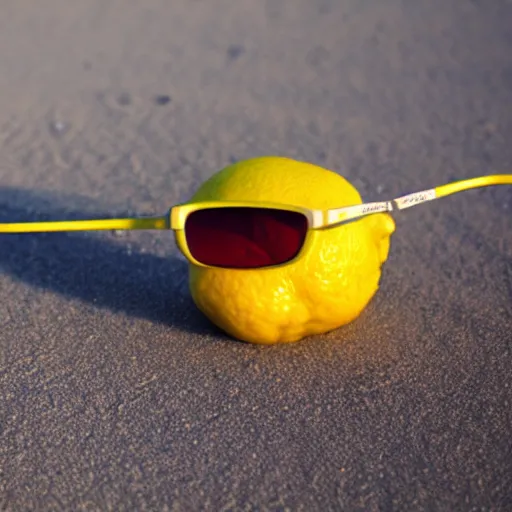 Prompt: photo of a lemon with sunglasses and arms on a beach, sunset,